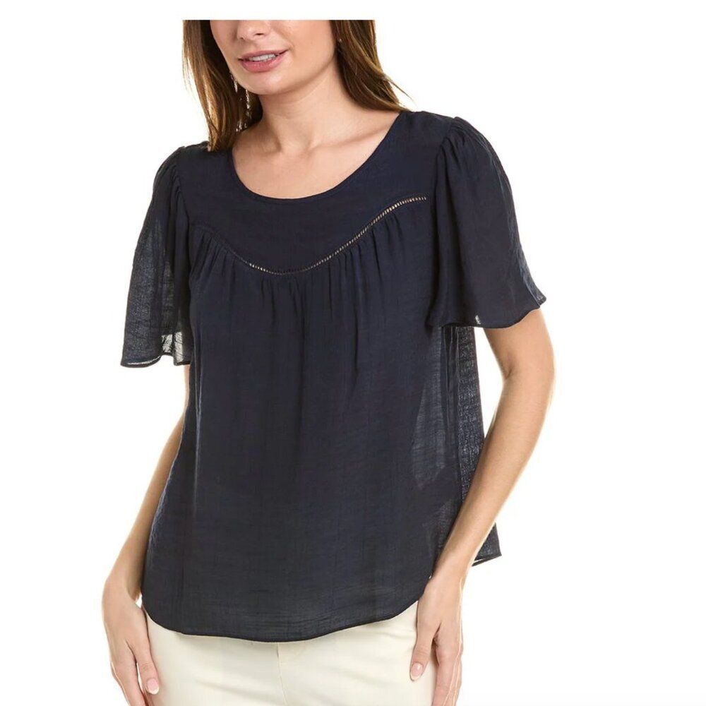 Nanette Lepore Black Ladder Stitch Flutter Sleeve Blouse Top Women's Medium